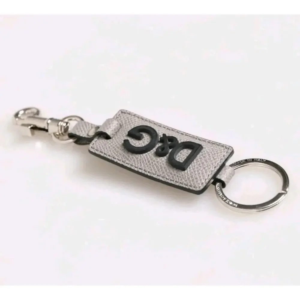 DOLCE & GABBANA Keyring Gray Leather Logo Metal Ring Keychain Holder 190usd